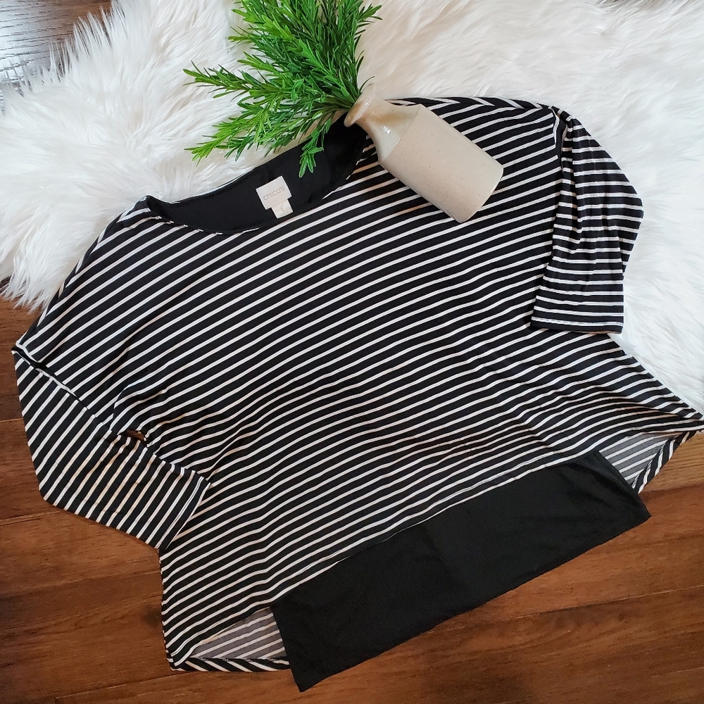 CHICO'S Stripe Black/White Long Sleeve Top | sz 8